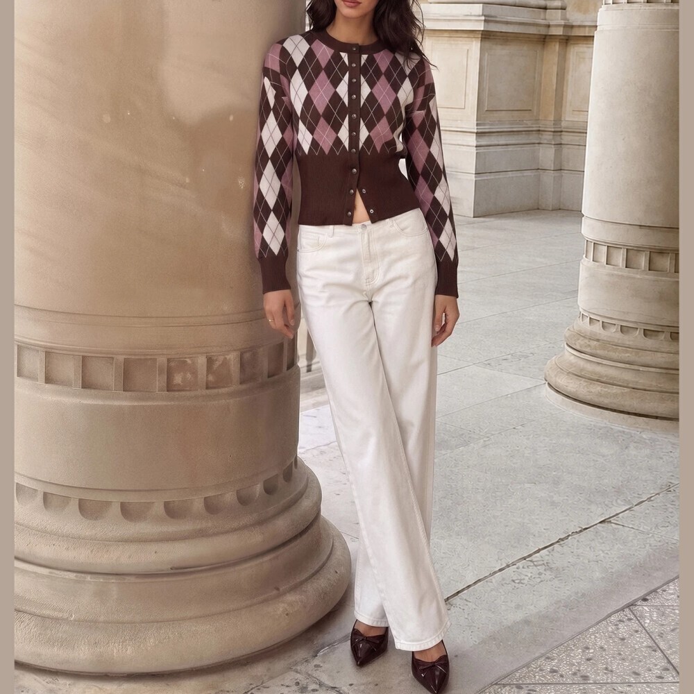 Brown Argyle Knit Button Front High Ribbed Trim Cardigan
